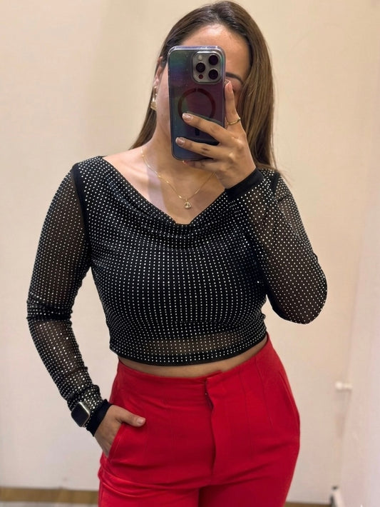BLUSA CROP MESH BRILLOS
