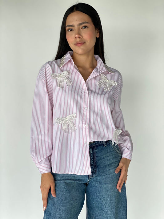 CAMISA RAYADA MOÑOS ROSA