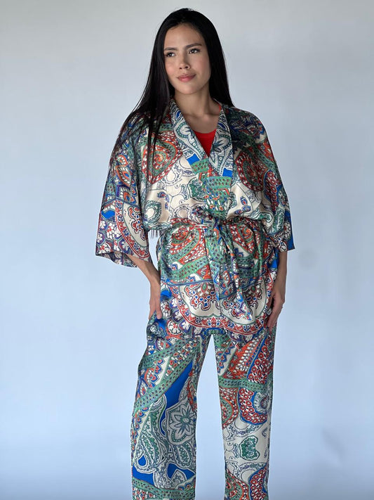 SET KIMONO SATEN ESTAMPADO